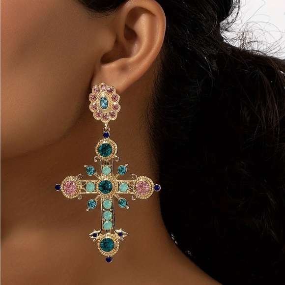 Elegant Gold and Teal Cross Earrings - Picture 2 of 7